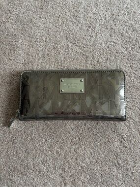 Michael Kors Metallic Gunmetal MK Logo Zip Wallet